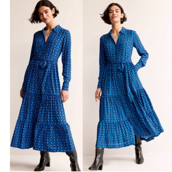 BODEN Flo Tiered Midi Shirt Dress Tie Belt Blue Geo Print Long Sleeve US Size 8 - Picture 1 of 8